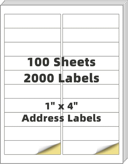 Shipping Address Labels,1" x 4" 2000 Blank Mailing Shipping Labels (20 Labels per Sheet,100 Sheets), Printable White Sticker Labels Compatible with Laser and Inkjet Printers