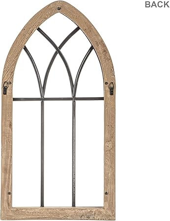 Rustic Cathedral Arch Wood Wall Decor  Decorative Farmhouse Faux Window Frame  Traditional Wood Framed Window Arch wMetal Bars - Rustic Wall Decor for Living Room, Bedroom, or Event Space