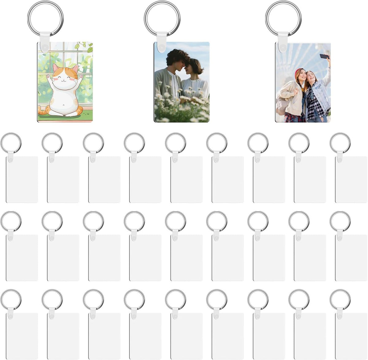 90Pcs Sublimation Keychain Blanks,Blank Keychains MDF Double Sides Rectangle Round Keychains Blanks with Rings Clips