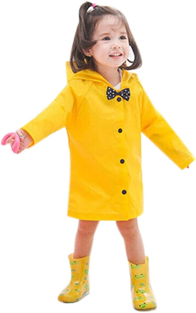 Age 2-10 Years Kids Hooded Button Down Long Jacket Bow Lightweight Raincoat