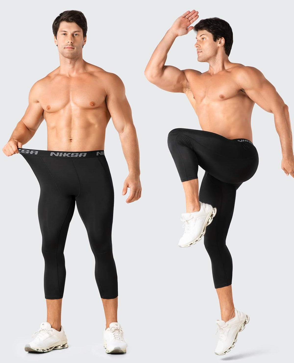 Large, Niksa 3/4 Men's Compression Pants - Athletic Running Capri Tights Quick Dry Basketball Sports Leggings Gym Workout Base Layer.
