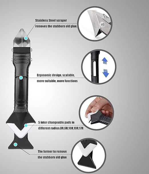 3 in 1 Silicone Caulking Tools, Glass Glue Angle Scraper, Stainless Steelhead Caulk Remover and Sealant Scraper, for Kitchen Bathroom Window and Frames Sealant Seals