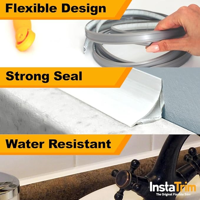 InstaTrim New & Improved Self-Adhesive Caulk Trim, 1/2" x 10', 2-Pack, Flexible, Water Resistant, Stain Resistant for Bathroom, Floors, Walls, DIY Project, Bronze