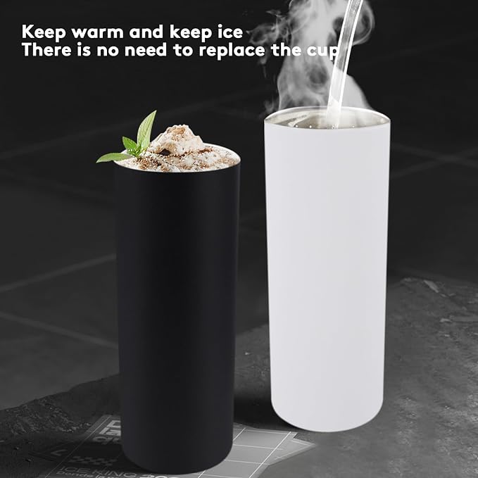 8 Pack Skinny Tumblers with Straws and Lids, 20oz Powder Coated Stainless Steel Slim Tumbler Double Wall Vacuum Insulated Coffee Cups for Hot Cold Drink (Mixed color)