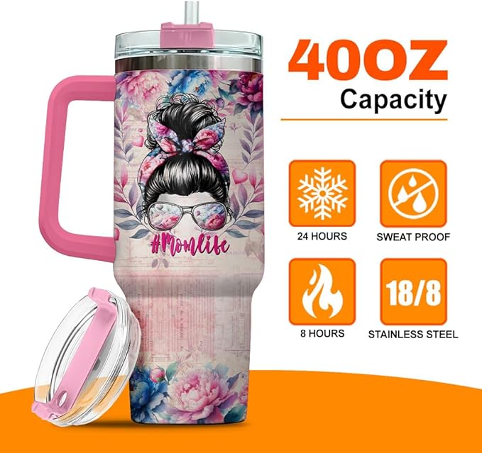 To Rose Handle Parade For Steel Flower Mommy Eleven Momma Mama Funny, Mom Gifts, Mom Life Messy Bun Floral Nutrition Facts, Tumbler 40 Oz With Handle Lid And Straw