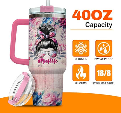 To Rose Handle Parade For Steel Flower Mommy Eleven Momma Mama Funny, Mom Gifts, Mom Life Messy Bun Floral Nutrition Facts, Tumbler 40 Oz With Handle Lid And Straw