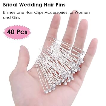 AKOAK 40 Pcs Bride Diamond Pearl Flower Tiara Wedding Bridesmaid Pearl Flower Hair Pin Delicate and Elegant Female U-pin Metal Hair Fork for Women's Hair Jewelry