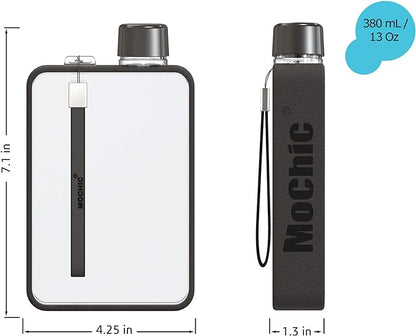 Mochic 13oz Flat Water Bottle - Portable Travel Mug Handbag Slim Cold Plastic Flask  BPA Free A5 Water Bottle Tritan Plastic  Sports, Camping, Gym, Fitness, Outdoor - Leak Proof. 380ml (Black)