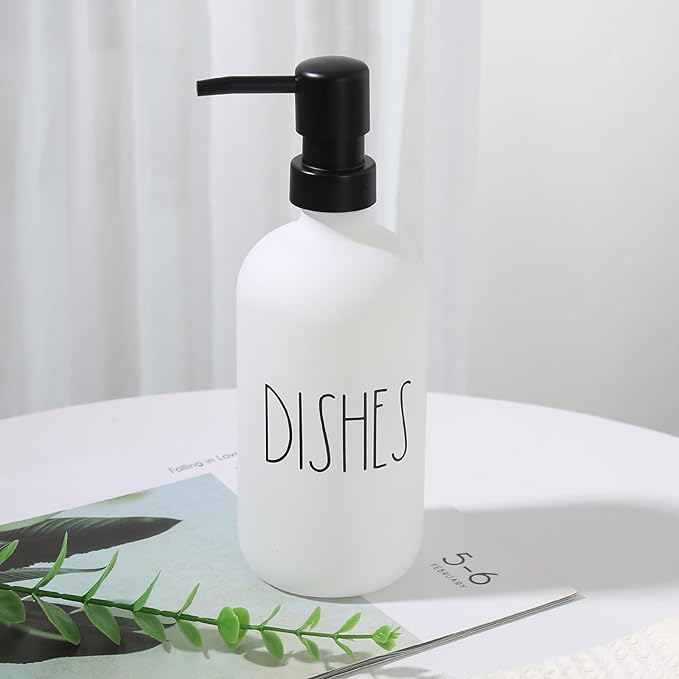Dish Soap Dispenser, Matte White Soap Dispenser for Kitchen, Glass Dishes Soap Dispenser with Plastic Pump, 17 Fl Oz Refillable Liquid Soap Bottle Container, Farmhouse Kitchen Decor