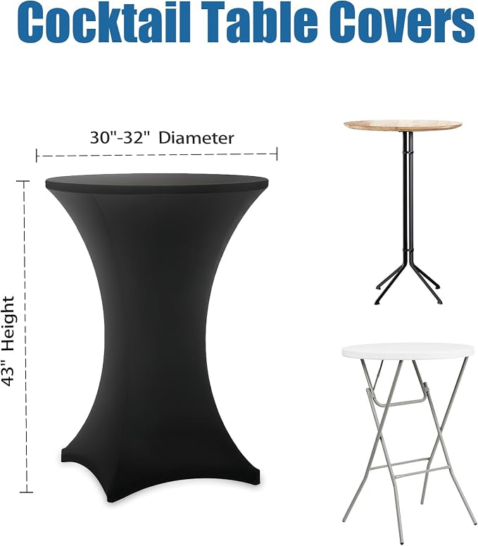 Cocktail Table Covers - 2 Pack 32x43 Inch Table Cloth - Black Fitted Stretch Spandex Round High Top Tablecloth for Party, Bar, Birthday, Pub, Banquet