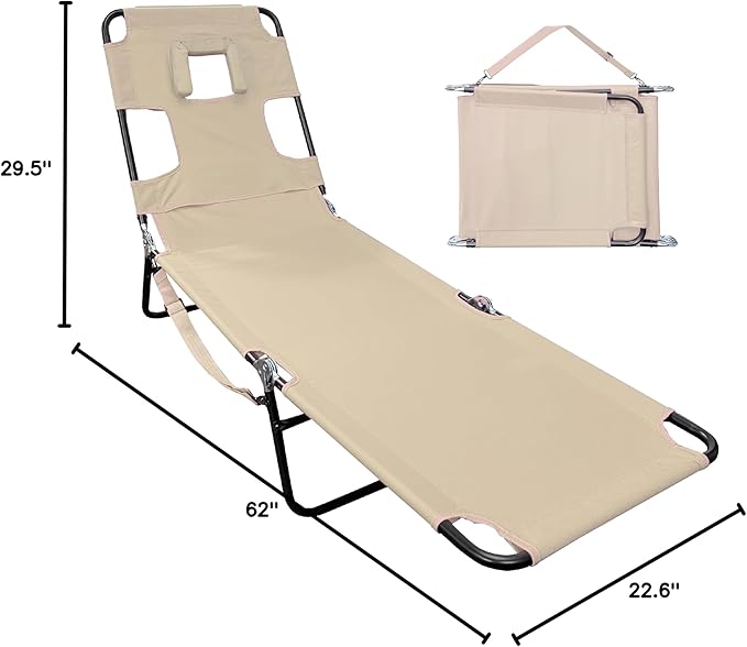 Face Down Tanning Chaise Lounge Chair - Face & Arm Holes - 2 Legs Support - Polyester Material - Backrest Positions - Head Rest Pillow - Beach or Home Use - Read and Tan - Tan Stripes Pattern