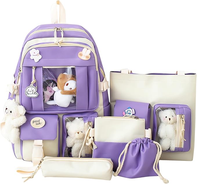 5-Piece Aesthetic Kawaii Backpack Set with Kawaii Pin and Pendants Accessories, Nylon Material  Durable  Adorable