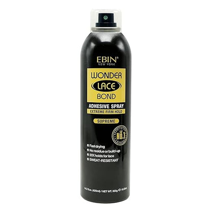 EBIN NEW YORK Wonder Lace Bond Adhesive Spray - Supreme (Extreme Firm Hold), 2.7 fl. oz. 80ml  Fast Drying, No Residue, No Build up, Powerful Hold, All-Day Hold, Daily Wig Application