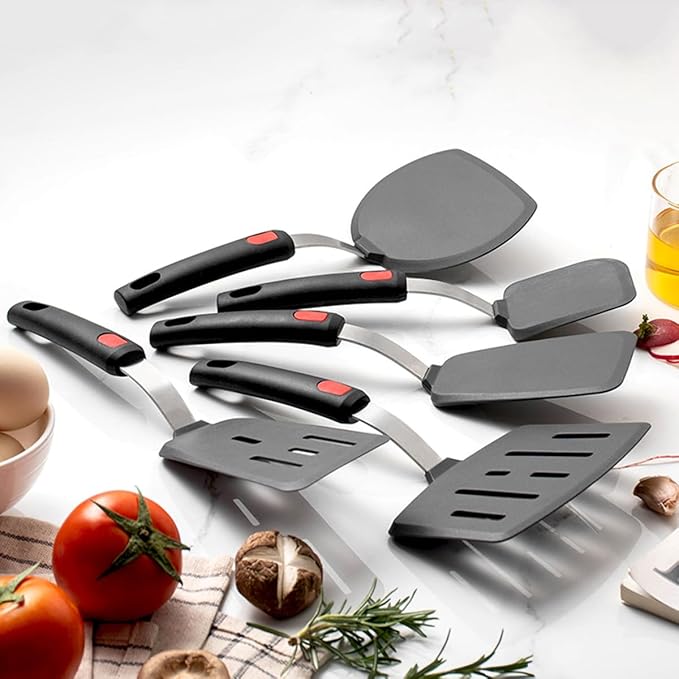 1-Piece Slanting Slotted Spatula Stainless Steel Handle Silicone Cooking Flipper Frying Spatula Household Iron Plate Cooking Turner Flexible Kitchen Utensils for Pancake Eggs Fish Burger