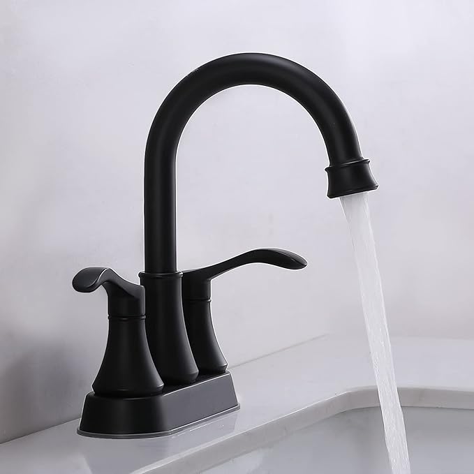 Matte Black Bathroom Sink Faucet, 2-Handle 4 Inch Centerset Lead-Free Modern Commercial, 360 Swivel High-Arc Spout Lavatory Vanity Faucets Set for Bathroom Sink with Pop-up Drain  Water Hoses