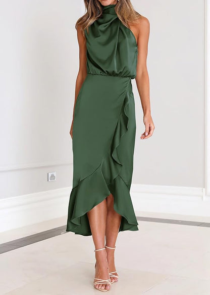 KIRUNDO Womens 2025 Summer Satin Mock Neck Wedding Guest Party Cocktail Midi Dress Sleeveless Wrap Ruffle Formal Dresses