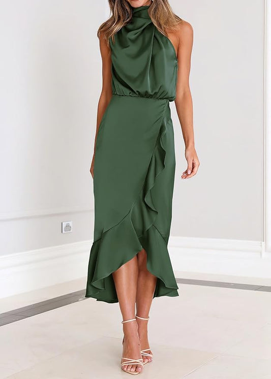 KIRUNDO Womens 2025 Summer Satin Mock Neck Wedding Guest Party Cocktail Midi Dress Sleeveless Wrap Ruffle Formal Dresses