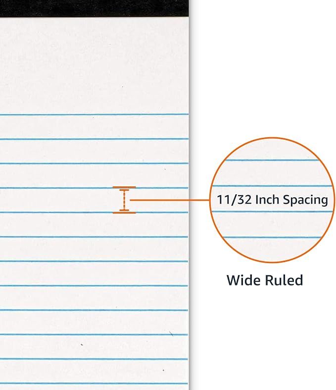 Basics Wide Ruled Lined Writing Note Pads for Office Supplies, 8.5" x 11.75", White, 12-Pack of 50 Perforated Sheets
