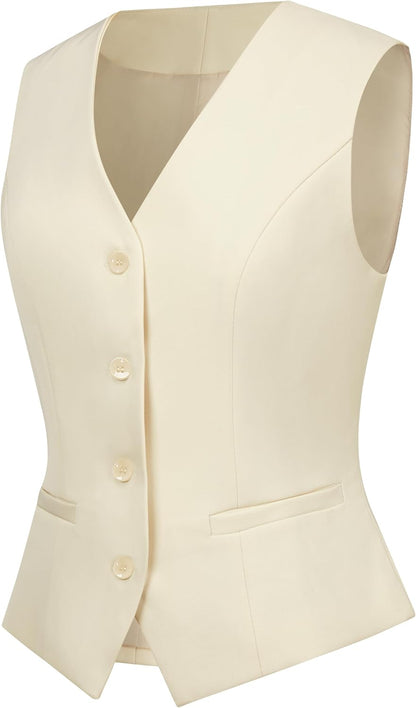 V VOCNI Women's Fully Lined 4 Button Dressy Suit Vest Waistcoat | V Neck, Sleeveless, Slim Fit, Formal Dress Waistcoat, Business Casual Vest Tops