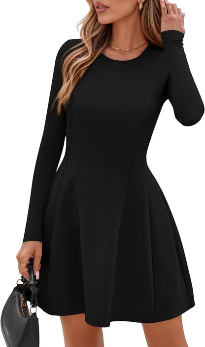 PRETTYGARDEN Long Sleeve Mini Dress for Women 2026 Spring Crewneck Knit Pleated Babydoll A Line Casual Short Party Dresses