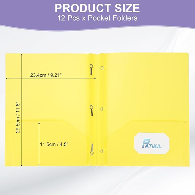 PATIKIL Pocket Folders with Prongs, 12 Pcs Heavy Duty Plastic Pocket Folders with 3 Fasteners Fit Letter Size Paper for Resume Documents Files Letters, Yellow