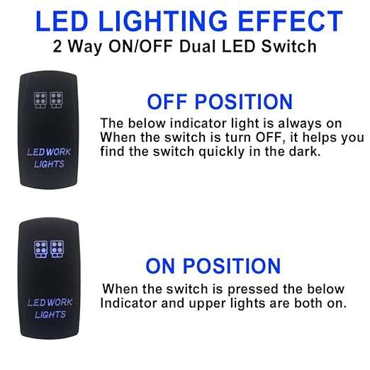 Rear Lights Rocker Switch Toggle On-Off 12V20A 24V10A Waterproof 5Pin Laser SPST Toggle Switch Blue Backlit with Jumper Wires Set for Marine Boat Car Truck RV SUV