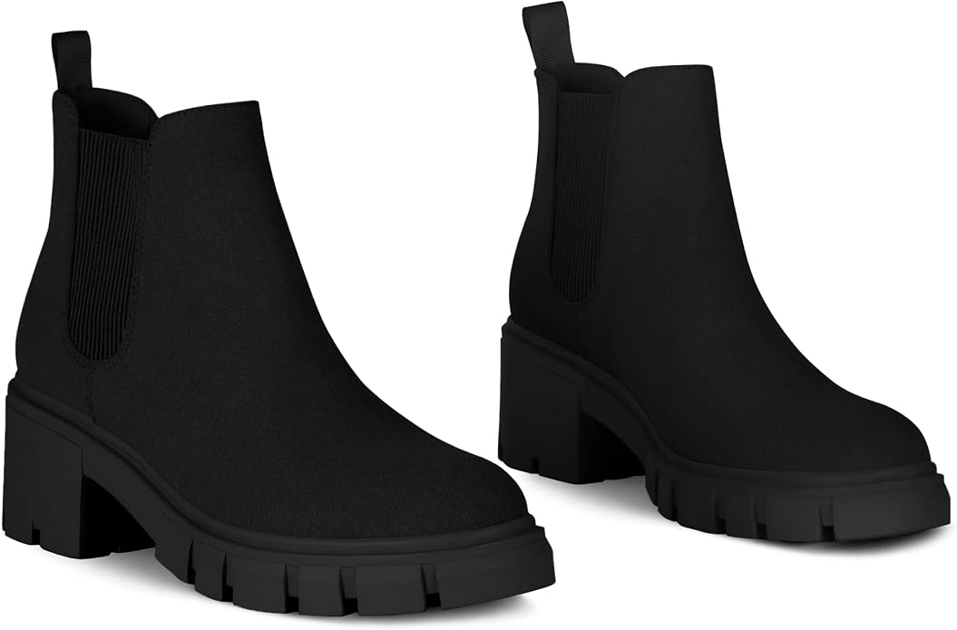Athlefit Women's Slip on Chelsea Ankle Boots | Fall Short Booties Shoes with 2.3-Inch Low Chunky Heel, Round Toe, Lug Outsole, for Daily Wear, Office Work, Casual Outing