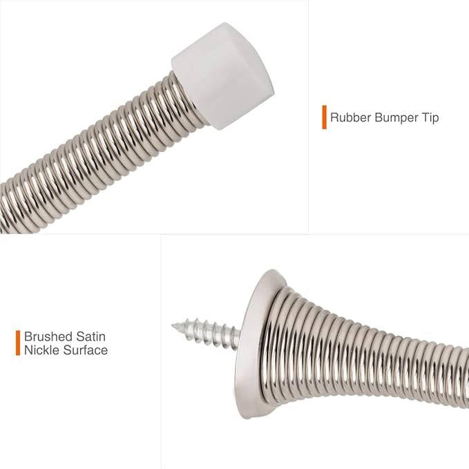 6 Pack Spring Door Stopper Brushed Satin Nickel- 3-14" Flexible Spring Door Stops with White Rubber Bumper Tips