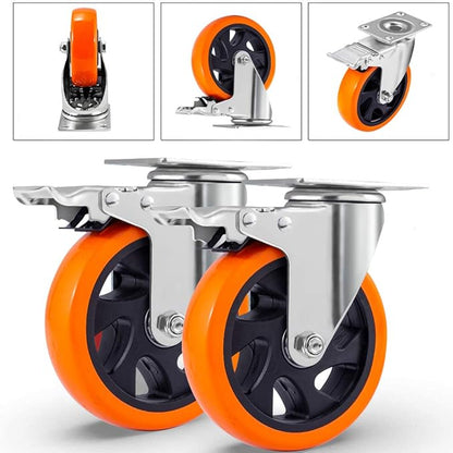DL 5 Inch Swivel Casters Wheels 1500lbs Heavy Duty Castors with Brake Polyurethane Dual Locking Casters Set of 4 Orange DL-I5-001
