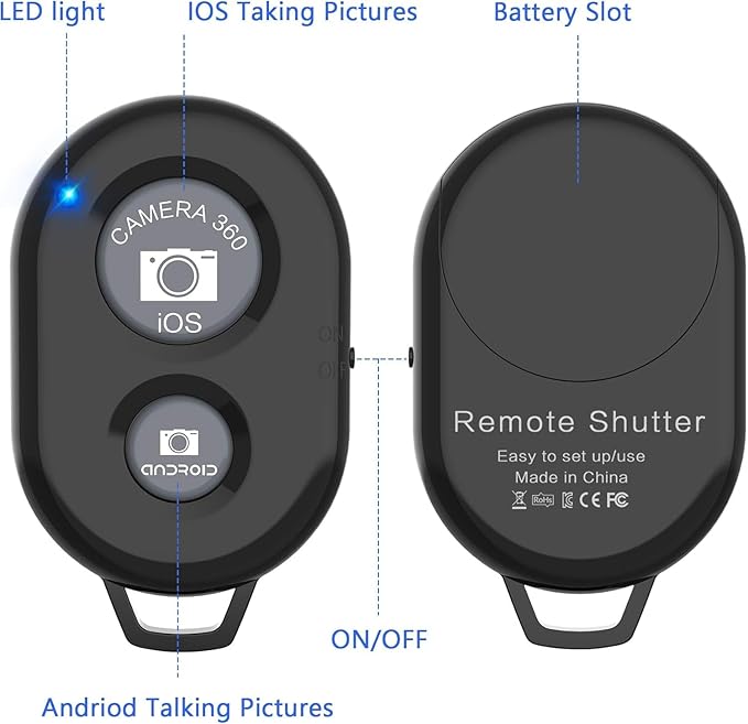 Wireless Remote Control Shutter Buttons for iPhone and Android Smartphones, 1, Black, Round with Microfiber Cleaning Cloth