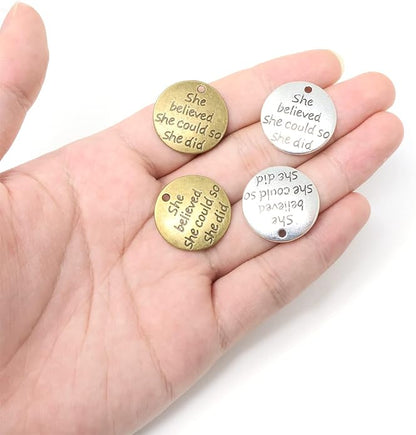 Honbay 40PCS Alloy Round Message Charms Pendant She Believed She Could So She Did Inspiration Words Charms for DIY Earring Necklace Bracelet Crafting Making (2 Color)