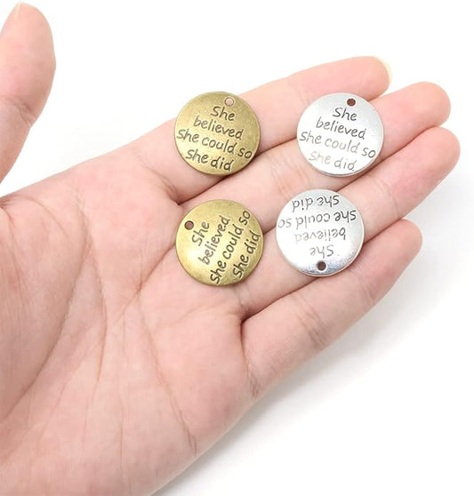 Honbay 40PCS Alloy Round Message Charms Pendant She Believed She Could So She Did Inspiration Words Charms for DIY Earring Necklace Bracelet Crafting Making (2 Color)