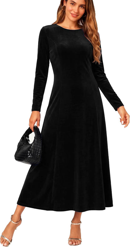 Urban CoCo Women's Elegant Long Sleeve Ruched Velvet Stretchy Long Dress .