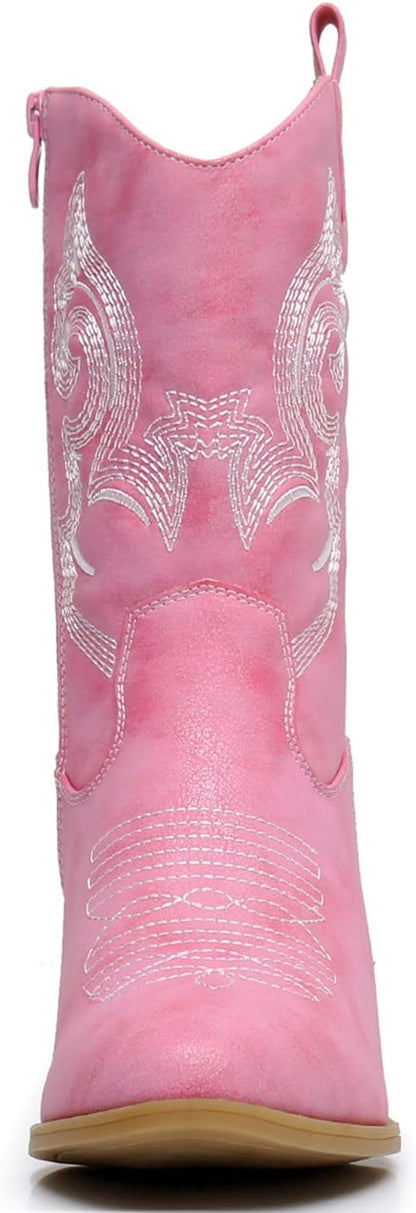Women's Mid Calf The Western Cowgirl Boots Fashion Cowboy Boots For Women Chunky Low Heel