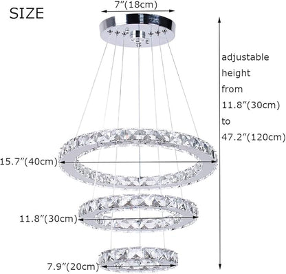 Winretro Modern LED Chandeliers Crystal Chandelier 3 Ring Round Pendant Lighting Adjustable Stainless Steel Ceiling Light Fixture for Living Room Dining Room Bedroom