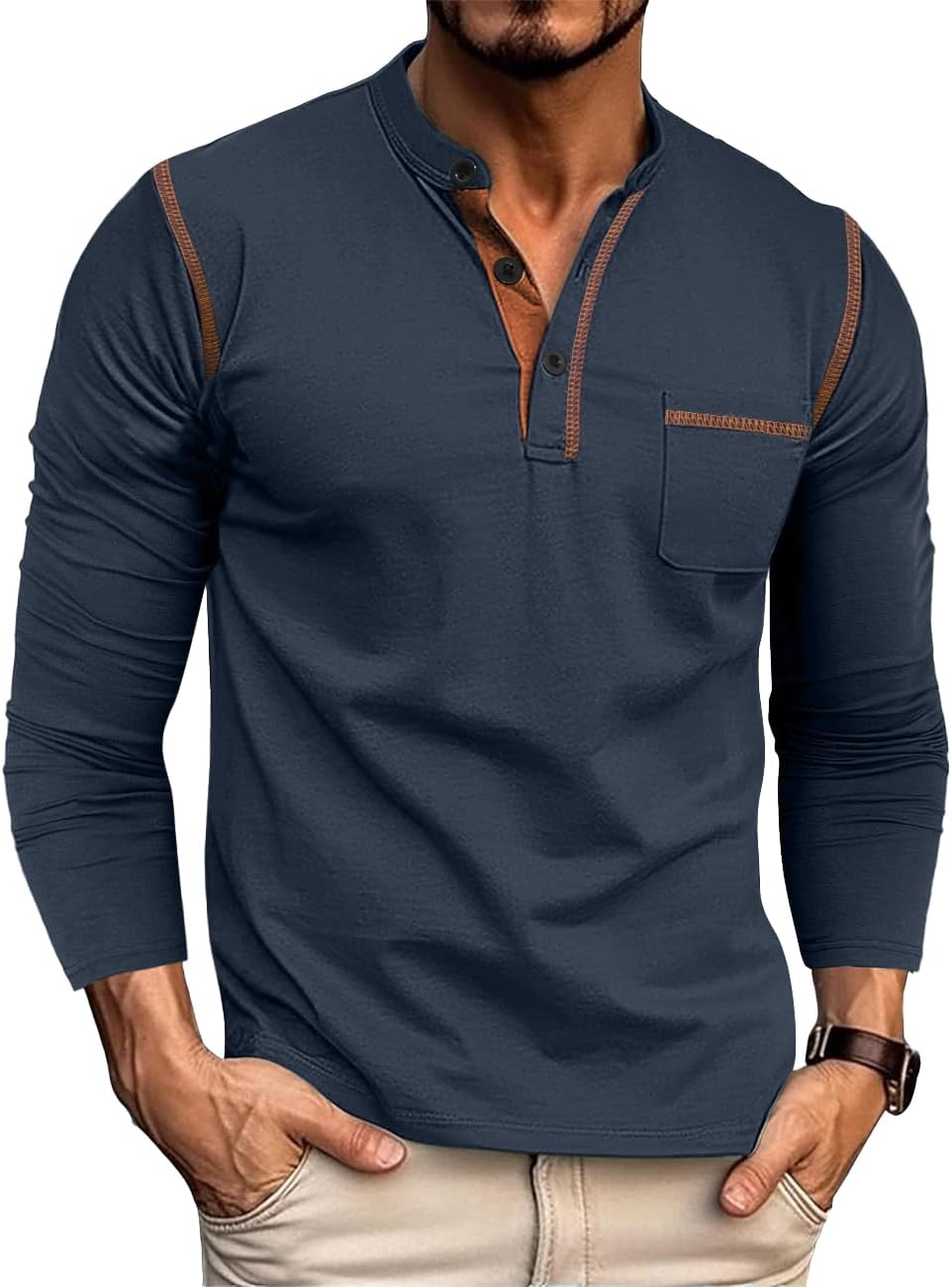 QOSOQ Men's Henley Shirt Long Sleeve T-Shirt Casual Top Pullover Lightweight Top Shirts with Button.