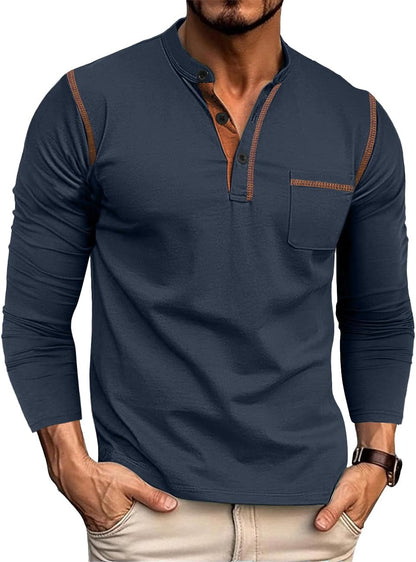 QOSOQ Men's Henley Shirt Long Sleeve T-Shirt Casual Top Pullover Lightweight Top Shirts with Button.