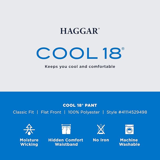 Haggar Men's Cool 18 Classic Fit Flat Front Hidden Expandable Waistband Casual Pant