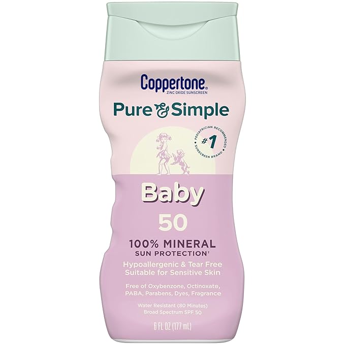 Coppertone Pure and Simple Baby Sunscreen Lotion SPF 50, Broad Spectrum Sunscreen for Baby, 6 Fl Oz Bottle