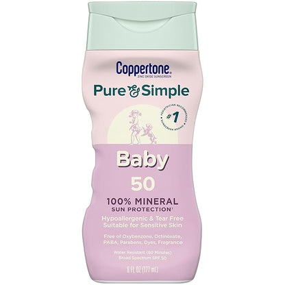 Coppertone Pure and Simple Baby Sunscreen Lotion SPF 50, Broad Spectrum Sunscreen for Baby, 6 Fl Oz Bottle