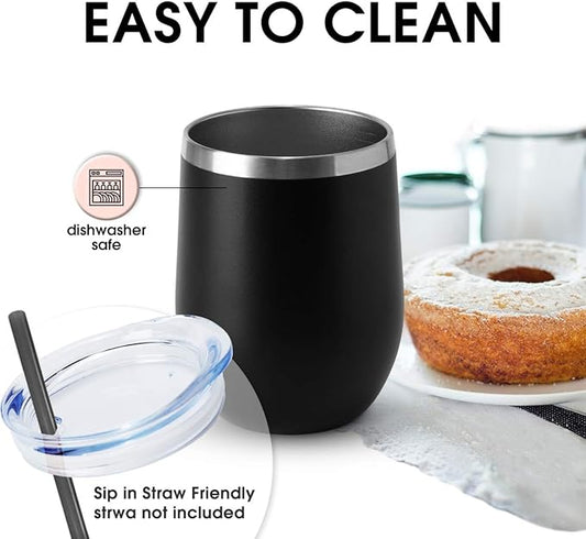 HASLE OUTFITTERS 12oz Wine Tumbler with Lid Stemless Wine Glasses Double Wall Vacuum Travel Mugs stainless steel Coffee Cup for Cold  Hot Drinks Wine Coffee Cocktails Beer (12oz-Black, 1 Pack)