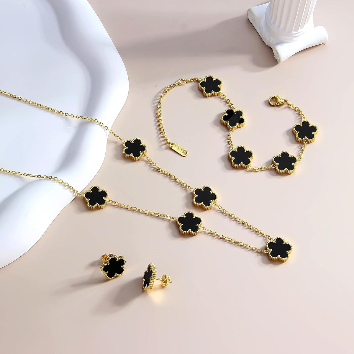 AmorArtSky Lucky Clover Jewelry Set - 18K Gold Plated Flower Design Five Leaf Bracelet, Necklace Pendant, Earrings for Women - Lucky Gifts for Mom, Wife, Daughter, Friends