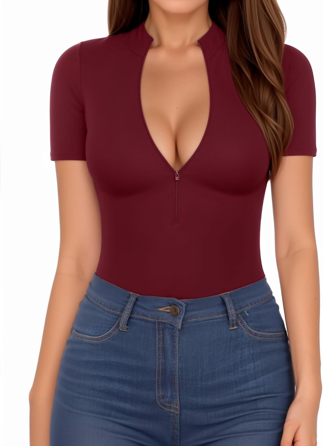MANGOPOP Long Sleeve Body Suit Mock Turtle Neck Zip Up Bodysuit for Women Ribbed Deep V Sexy Bodysuit Shirts