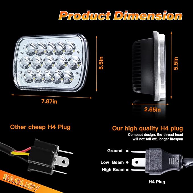 5x7 H6054 LED Headlights DOT Approved Hi/Low Sealed Beam 7x6 H6052 6054 H5054 H6054LL 69822 Rectangular Chrome Headlight for XJ YJ Chevy S10 Express Ford Probe Truck Van