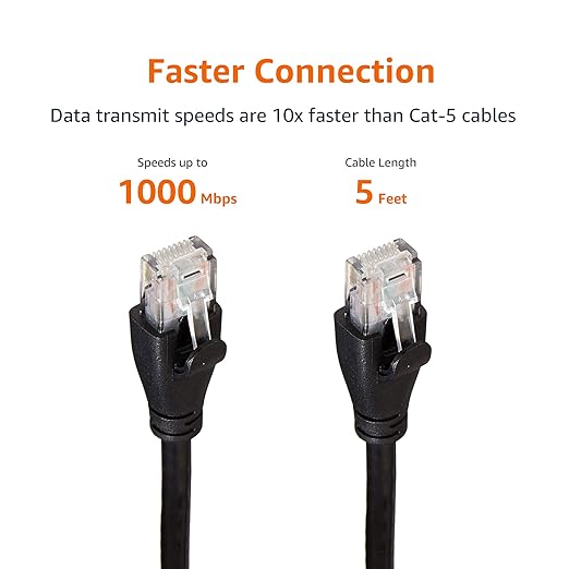 Basics RJ45 Cat 6 Ethernet Patch Cable for PC, TV, Tablet, Router, Printer, 1Gpbs Transfer Speed, Gold-Plated Connectors, 5 Foot, Black