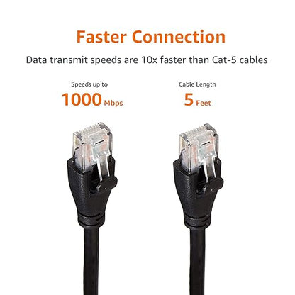 Basics RJ45 Cat 6 Ethernet Patch Cable for PC, TV, Tablet, Router, Printer, 1Gpbs Transfer Speed, Gold-Plated Connectors, 5 Foot, Black
