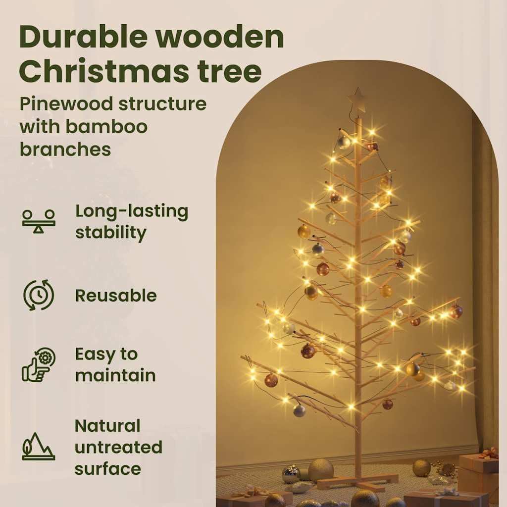 vidaXL Wooden Christmas Tree with Stand Natural 70,9" Solid Pine Wood, Living Room, Modern Wooden Christmas Tree, Minimalist Design, Beige Holiday Decoration, Indoor Festive Decor, Simple Pine