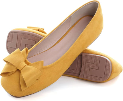 Womens Square Toe Ballet Flats Bow-Knot Slip-Ons Dressy Bowtie Casual Comfortable Wear to Work Loafers