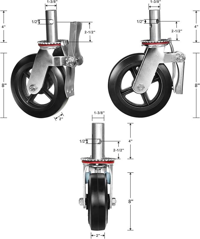 8"x2" Scaffolding Wheels, Rubber Tread on Cast lron Wheel Stem Casters Wheels- Dual Locking Swivel Caster 360 Degrees Industrial Casters 1100LBS Capacity Per Wheel (1 Brake)