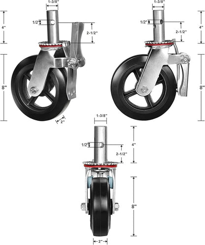 8"x2" Scaffolding Wheels, Rubber Tread on Cast lron Wheel Stem Casters Wheels- Dual Locking Swivel Caster 360 Degrees Industrial Casters 1100LBS Capacity Per Wheel (1 Brake)